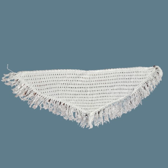 VINTAGE 70s Shawl Crochet Fringed Triangle Handmade Off White Scarf - Picture 1 of 9